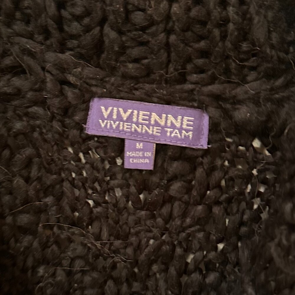 Y2K Vivienne Tam Wool Black Sweater Medium Cardigan Short Sleeve Chunky Knit - Picture 2 of 7